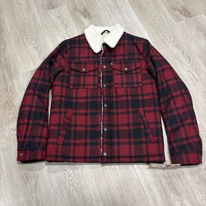 Levi's Cherry Plaid Trucker Wool Blend Sherpa Jacket Mens Size Small Warm